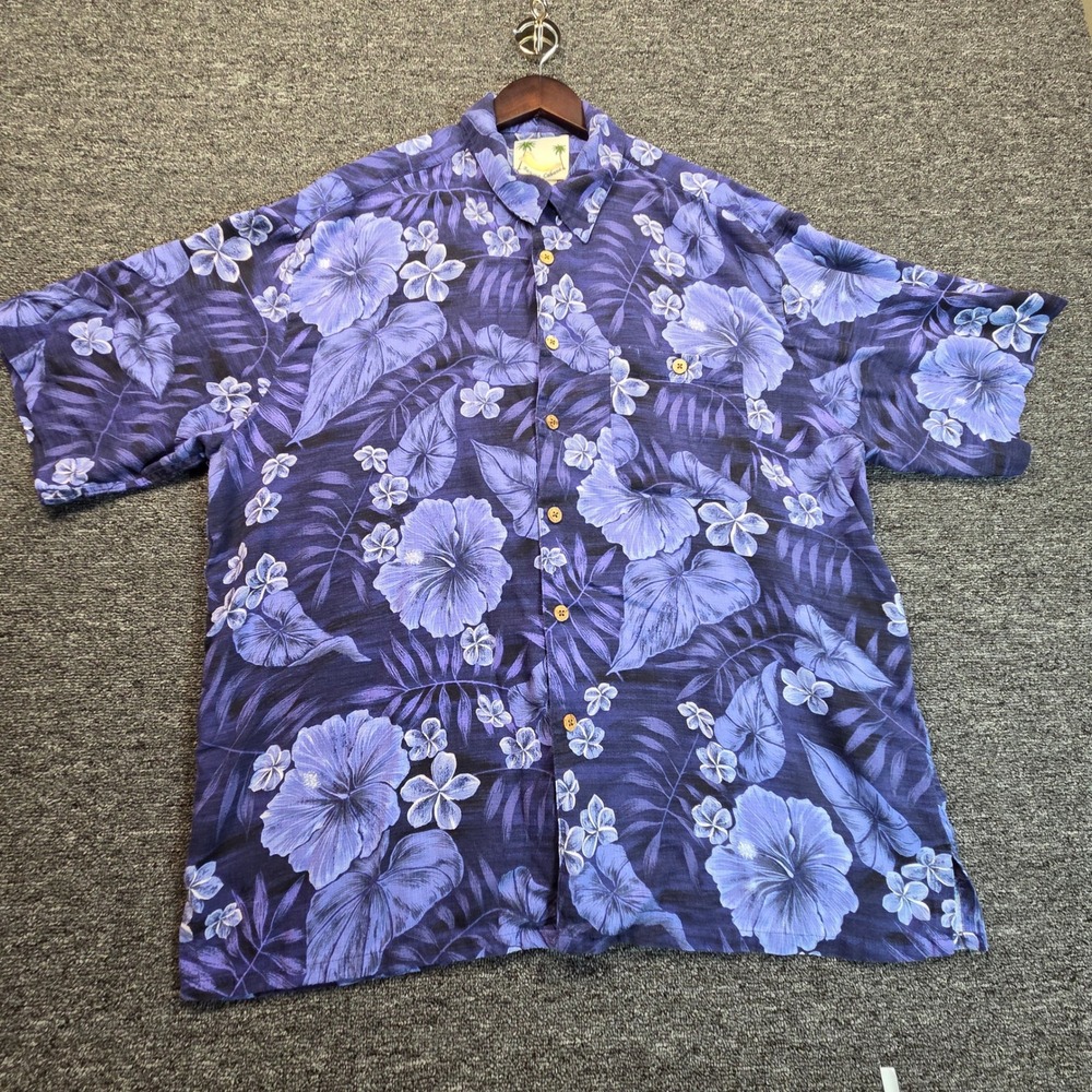 Banana Cabana Floral Shirt Mens XL Silk Electric Blue Hibiscus Tropical Hawaiian
